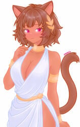 kit_(gameoverse) gameoverse female female_focus egyptian_clothes cat cat_ears cat_tail catgirl cute cute_face breasts dress white_dress clothing odenezix simple_background tagme