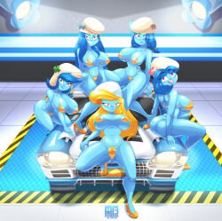 2d 2d_(artwork) 2d_artwork 5girls artist_logo artist_name big_breasts blue_nipples boobs car car_girl cranebear digital_drawing_(artwork) digital_media_(artwork) drawing drawn female female_only gold_bikini group peyo_(copyright) pinup sexy_body sexy_female sexy_pose smurfblossom smurfette smurflily smurfmelody smurfstorm sport_car tagme the_smurfs vehicle
