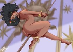 1girl absurdres anklet ass black_hair bracelet breasts completely_nude dark-skinned_female dark_skin esmeralda_(disney) gold_anklet gold_bracelet green_eyes highres jewelry long_hair looking_at_viewer nipples nude pole_dancing roisin signature small_breasts solo the_hunchback_of_notre_dame_(disney)