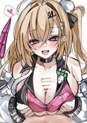 1boy 1girl bar_censor blonde_hair breasts censored chalky_(zenless_zone_zero) cissia_(zenless_zone_zero) cleavage commentary_request detached_sleeves earrings fangs hair_ornament heart hetero highres jewelry large_breasts long_hair mutou_mame paizuri paizuri_under_clothes penis pink_eyes pom_pom_(clothes) pom_pom_hair_ornament snake snake_earrings snake_girl snake_tail spoken_heart tail titfuck titjob underboob very_long_hair white_snake zenless_zone_zero