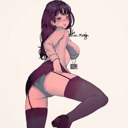 artist_signature ass_peek big_breasts blushing bottom_view bra brown_eyes brown_hair female female_only fully_clothed garter_straps heels kurogi legs_apart legs_up long_hair looking_at_viewer looking_back miniskirt open_clothes open_shirt original_character panties panties_peek secretary shirt side_view skirt skirt_lift stockings sweat sweatdrop sweating thick thick_ass thick_thighs thighhighs thighs underskirt