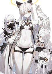 4girls :d absurdres alternate_costume animal_ear_fluff animal_ears arm_up armpits bandaged_hand bandages bare_legs bare_shoulders bikini black_bikini black_bow black_choker black_ribbon blindfold blue_archive blunt_ends bow breasts cat_ears cellphone choker closed_mouth coat collarbone colored_skin cowboy_shot detached_collar detached_sleeves double_v earpiece ein_(blue_archive) forehead gem gluteal_fold groin hair_intakes hair_over_one_eye hair_ribbon halo hand_on_another's_head hand_up hands_on_own_cheeks hands_on_own_face hands_up highres hip_bones holding holding_phone jacket kemonomimi_mode kokukyukeo lifting_own_clothes light_blush linea_alba long_bangs long_hair long_sidelocks long_sleeves looking_at_viewer malkuth_(blue_archive) mask mechanical_arms mechanical_tail medium_hair millennium_science_school_logo multiple_girls navel off_shoulder offshoulder_bikini ohr_(blue_archive) open_clothes open_coat open_jacket open_mouth parted_bangs phone respirator ribbon ribs ruffle_bikini short_hair short_twintails siblings sidelocks simple_background sisters sleeves_past_wrists small_breasts smartphone smile sof_(blue_archive) squatting standing stomach swimsuit symbolshaped_pupils tail teeth thigh_gap thigh_strap thighs tongue turtleneck twintails upper_teeth_only v very_long_hair white_background white_bikini white_bow white_coat white_jacket white_skin white_sleeves yellow_gem yellow_halo zipper zipper_pull_tab