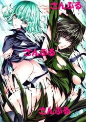 maruto_(marutohonpo) yqgkg one-punch_man tatsumaki green_hair green_eyes short_hair torn_clothes torn_clothing ass_focus 2girls female traditional_media_(artwork) multiple_girls fubuki_(one-punch_man) esper_sisters big_breasts large_breasts exposed_breasts breasts_out