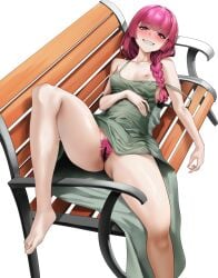 1girl absurdres bare_shoulders barefoot bench blush bocchi_the_rock! braid breasts commentary_request dress female female_only female_pubic_hair green_dress grin hair_over_shoulder highres hiroi_kikuri long_hair looking_at_viewer lying nipples on_back pink_hair pubic_hair purple_eyes sebakanken sharp_teeth single_braid small_breasts smile solo spread_legs teeth
