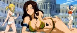 3girls anime ass bikini black_hair blonde_hair blue_eyes blue_hair blush bracelet breasts brown_hair cana_alberona cleavage closed_eyes day fairy_tail jewelry large_breasts levy_mcgarden long_hair looking_at_viewer lucy_heartfilia multiple_girls navel on_side photoshop_(medium) ponytail purple_eyes sarong screencap short_hair smile swimsuit tattoo third-party_edit