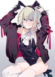 1boy 1femboy 2d androgynous artist_request blushing_at_viewer bunny_boy bunny_costume bunny_ears bunnysuit clothed clothed_male clothing color crossdressing embarrassed embarrassed_nude_femboy fake_animal_ears femboy femboy_only feminine_faced_male feminine_male fully_clothed high_heels leotard light-skinned_femboy light-skinned_male light_skin lio_fotia looking_at_viewer male male_only male_playboy_bunny nervous nervous_smile non-nude on_knees petite petite_body petite_male playboy_bunny promare purple_eyes slim slim_male slim_waist smile solo stockings thighhighs