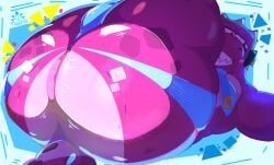 accessory anthro anus big_anus big_butt bulge butt clothing dinosaur electronics fluffos gameoverse gay glitch_productions gobbles_(gameoverse) grin headphones hi_res huge_butt huge_thighs jockstrap legs_back male necktie prehistoric_species purple_body purple_scales reptile scales scalie sharp_teeth smile solo tail teeth thick_thighs underwear