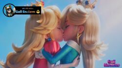 2girls ai_generated blonde_hair blue_dress blue_eyes clothing crown dress duo ear_piercing female female/female female_only human human_on_human human_only illumination_entertainment incest incest_(lore) kissing lesbian light-skinned_female light_skin long_hair mammal mario_(series) mature mature_female nintendo outdoors pink_dress princess princess_peach princess_peach_(movie) princess_rosalina princess_rosalina_(movie) rosalina royalty sisters super_mario_galaxy_(2026_film) tongue_kiss video video_game_character yallahs80 yellow_hair yuri