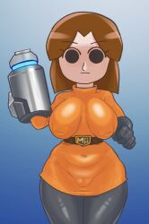 1girl :| arm_cannon belly belt belt_buckle black_belt black_eyes black_gloves black_pantyhose blue_background bob_cut bodysuit breasts breasts_apart brown_hair buckle cameltoe closed_mouth commentary_request covered_navel covered_nipples cowboy_shot curvy dress elbow_gloves empty_eyes expressionless fat_mons gloves gradient_background hand_up highres huge_nipples impossible_clothes impossible_dress inverted_nipples large_breasts latex legs_together long_sleeves looking_at_viewer medium_hair mii_(nintendo) mii_gunner mii_gunner_(smash_4) navel no_bra no_mouth orange_dress orange_sweater pantyhose parted_bangs plump pointy_breasts puffy_nipples sagging_breasts shiny_clothes shiny_legwear short_dress short_hair simple_background skin_tight skindentation solid_circle_eyes solid_oval_eyes solo standing sweater thick_thighs thighs turtleneck turtleneck_dress user_vjcu5334 weapon wide_hips