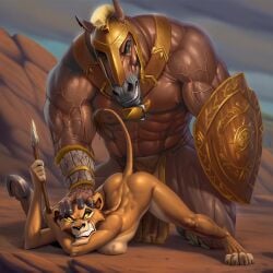 zira_(the_lion_king) the_lion_king ai_generated horse armor clothed_male_nude_female ass jack-o_pose spear top-down_bottom-up 1boy 1girls lion equine feline furry anthro male female male/female from_behind brown_fur shield muscular muscular_male muscles