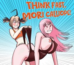 2girls arched_back ass ass_crack assisted_exposure big_breasts bouncing_breasts crazycolumbina embarrassed_female embarrassed_nude_female femdom gigantic_breasts gigi_murin hololive hololive_english hololive_justice hololive_myth mori_calliope nipple_slip one-piece_swimsuit pink_hair prank sexual_harassment shocked shocked_expression shocked_eyes speed_lines swimsuit swimsuit_aside swimsuit_pull wardrobe_malfunction wedgie wedgie_fetish wedgied_female wedgies