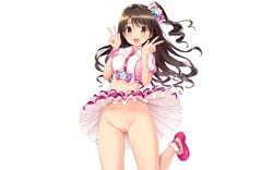 blush brown_eyes brown_hair idolmaster idolmaster_cinderella_girls long_hair n.g. photoshop pussy shimamura_uzuki skirt_lift uncensored white_background