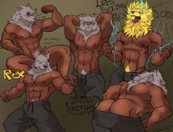 absurd_res animal_humanoid anthro bodily_fluids butt canid canid_humanoid canine canine_humanoid clothed clothing dark_body dark_skin dog_humanoid flexing hi_res humanoid ikerbuck licking male male_only mammal mammal_humanoid mooning naturally_censored no_underwear pubes pulling_down_pants rex_(dog_ningen) self_lick solo solo_male super_saiyan sweat sweatdrop teasing teasing_viewer text tongue