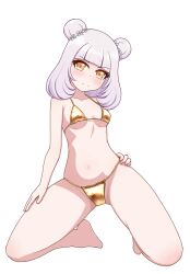 elsie_(d4dj) d4dj gold_bikini golden_bikini white_hair female_only posing disgusted_expression
