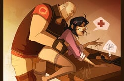 1boy 1girls 2d ass bald bent_over bent_over_table black_hair bottomless cheating cheating_boyfriend cheating_husband closed_eyes clothed_sex dated dialogue female female_penetrated fingerless_gloves from_behind glasses glasses_askew gloves hair_bun hair_up hairclip heavy_(team_fortress_2) heavy_breathing heavy_weapons_guy human human_female human_male human_only human_penetrated human_penetrating human_penetrating_female human_penetrating_male jute_moth lace-trimmed_thighhighs large_testicles leaning_forward leg_up leggings light-skinned_female light-skinned_male light_skin lipstick looking_pleasured male male_penetrating male_penetrating_female male_penetrating_human male_pubic_hair medic_(team_fortress_2) messy_hair miss_pauling moaning no_panties no_pants on_desk open_mouth pants_down penetration penis phone pubic_hair pussy pussy_juice pussy_juice_drip pussy_juice_string sex shaved_pussy signature size_difference straight sweat sweatdrop team_fortress_2 testicles thighhighs thrusting vaginal_penetration waist_grab