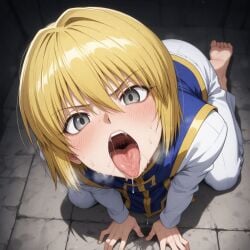 1boy ai_generated androgynous asnoble blonde_hair blush drooling excessive_saliva grey_eyes hot_breath hunter_x_hunter inviting kurapika looking_at_viewer male male_only on_all_fours open_mouth oral_invitation saliva_drip saliva_on_floor saliva_on_own_chin saliva_trail sexually_suggestive short_hair solo steamy_breath thick_saliva tongue_out trap waiting