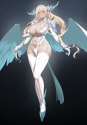 1girls alternate_color alternate_costume angel_wings azur_lane black_background blonde_hair blue_eyes bodystocking floating garter_straps horn horns large_breasts leotard light_persona official_artist regensburg_(azur_lane) simple_background solo solo_female thighhighs white_leotard wings yd_(orange_maru)