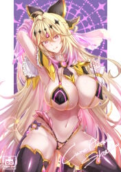 1girl alternate_breast_size alternate_costume arm_behind_head armpits artist_name bikini black_bikini blonde_hair border breasts cigar_cat closed_eyes commentary_request cowboy_shot cure_arcana_shadow forehead_jewel large_breasts magical_girl meitantei_precure! precure pretty_cure purple_background purple_eyes solo swimsuit tongue tongue_out white_border
