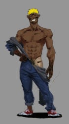 1boy 2019 blonde_hair cigarette closed_eyes converse dark_skin footwear gay grey_background grin male male_only mechanic microwave_oven_(pixiv12897048) original overalls pubic_hair simple_background solo tan_skin tanline yaoi
