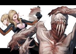 1girl attack black_bodysuit blonde_hair blood blood_from_mouth bodysuit breasts cleavage commentary gun hair_over_eyes highres holding holding_gun holding_weapon joker_(stjoker) large_breasts letterboxed lips long_hair meme monster naoya_hitting_choso_without_looking_(meme) ooze_(resident_evil) open_mouth rachael_foley rachel_foley resident_evil resident_evil:_revelations spitting spitting_blood standing weapon white_background
