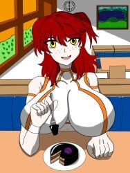 1girls freckles freckles_on_face gigantic_breasts ginger ginger_female ginger_hair gundam gundam_00 mobile_suit_gundam nena_trinity red-haired_female redhead redhead_female redheaded_female stud_earrings twintails twintails_(hairstyle) yellow-eyed_female