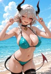 zani_(wuthering_waves) wuthering_waves ai_generated kermixx1girl solo breasts looking_at_viewer blush smile open_mouth bangs large_breasts red_eyes thighhighs navel cleavage hair_between_eyes bare_shoulders jewelry standing collarbone tail swimsuit white_hair bikini thighs cowboy_shot earrings outdoors one_eye_closed horns sky teeth choker day fang black_thighhighs cloud water stomach nail_polish mole collar covered_nipples blue_sky wet hands_up mole_under_eye v bell skindentation ocean beach sunlight demon_girl ;d demon_horns tassel demon_tail jingle_bell neck_bell blue_bikini lens_flare double_v horizon tassel_earrings