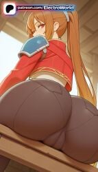 2026 highres hi_res electroworld patreon_username high_quality high_resolution artist_name stable_diffusion ai_generated 1girl 1girls patreon watermark long_hair pantylines ass_focus ponytail table ass brown_hair red_eyes solo estelle_bright eiyuu_densetsu