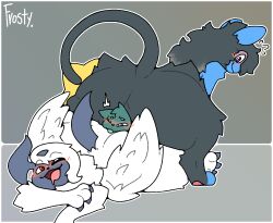 3_toes alex_(ah095) ass big_butt blue_body blue_fur blush butt_on_butt butt_press claws domestic_cat facesitting feet felid feline felis feral frosty_(frostyvee_01) frostyvee_01 fur generation_4_pokemon generation_6_pokemon green_body green_fur grey_body grey_fur group hi_res levin_(levinluxio) looking_at_another luxio male mammal mega_absol mega_evolution nintendo open_mouth pokemon pokemon_(species) simple_background sitting_on_another size_difference smothering squeezing tail toes trio white_body white_fur wings