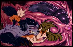 anthro black_body black_fur black_nose black_penis brown_body brown_fur canid canine duo fox from_behind_position fur generation_3_pokemon genitals grey_hair hair hand_holding humanoid_genitalia humanoid_penis internal long_hair male male/male mammal mightyena nintendo orange_body orange_fur penis pokemon pokemon_(species) prostate prostate_stimulation raccoondouglas red_body red_fur sex