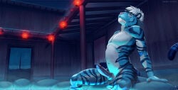 2023 animal_genitalia anthro athletic athletic_anthro athletic_male balls blinx_(frostsheep) blue_body blue_eyes blue_fur countershade_arms countershade_balls countershade_face countershade_genitalia countershade_hands countershade_legs countershade_neck countershade_torso countershading erection felid fur genitals hi_res hot_spring humanoid_genitalia humanoid_penis hybrid_genitalia hybrid_penis japanese_text lamp lantern male male_anthro mammal nude nude_anthro nude_male onsen pantherine penis pink_penis sheath sheathed_humanoid_penis sinibun_95 sitting solo striped_body striped_fur stripes tail text tiger water white_body white_fur