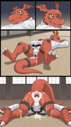 ai_generated cum cum_in_ass digimon dinosaur guilmon karate_gi red_body red_skin