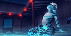 2023 animal_genitalia anthro athletic athletic_anthro athletic_male balls blinx_(frostsheep) blue_body blue_eyes blue_fur bodily_fluids countershade_arms countershade_balls countershade_face countershade_genitalia countershade_hands countershade_legs countershade_neck countershade_torso countershading disembodied_hand dripping duo erection felid fur genital_fluids genitals ghost_hand handjob hi_res hot_spring humanoid_genitalia humanoid_penis hybrid_genitalia hybrid_penis japanese_text lamp lantern male male_anthro mammal nude nude_anthro nude_male onsen pantherine penile penis pink_penis precum precum_drip sex sheath sheathed_humanoid_penis sinibun_95 sitting striped_body striped_fur stripes tail text tiger water white_body white_fur