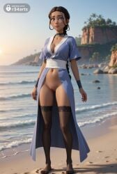 1girls ai_generated artist_name avatar_legends avatar_the_last_airbender beach black_choker black_hair black_thighhighs blue_choker blue_dress blue_eyes blurry blurry_background braid braided_ponytail breasts brown_hair choker cleavage cleft_of_venus collarbone dark-skinned_female dark_skin day dress female full_body hi_res jewelry katara long_hair looking_at_viewer medium_breasts navel nickelodeon nicktoons no_panties outdoors pussy r34arts sand short_sleeves single_braid smile solo standing thighhighs uncensored water