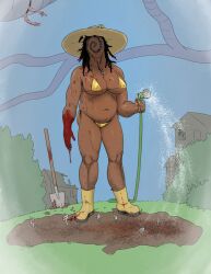 gardening look_outside mechacockzilla hellen_(look_outside) perfect_ritual_sam sam_(look_outside) blood_on_hand bloody water hose monster monster_girl duo male female 1boy 1girls shovel golden_bikini boots sun_hat rubber_boots serial_killer monstrous_humanoid large_breasts thighs 5_fingers dark-skinned_female dark_skin long_hair black_hair public house house_background bush bushes plant plants pubic_hair pubes extreme_size_difference hairy_pussy hairy hairy_legs hairy_thighs multi_mouth teeth teeth_showing teeth_visible nails nipples_visible_through_clothing nipples_visible_through_bikini body_horror belly_button belly ass female_focus sunflower hat hat_flower flower flower_on_hat eyes multi_eye tagme 2026 watering garden_hose gardener