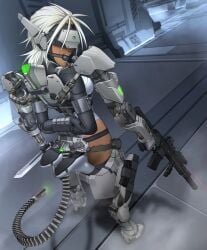 1girls arms_behind_back ball_gag bondage bound bound_arms bound_legs exoskeleton exosuit female female_only femsub frogtie gag gagged gun legs_bent leotard machine_bondage mecha mechanical_fixation robot shio-bari standing steel_bondage visor