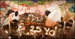 3d_(artwork) absurd_res animal_genitalia animal_penis anthro balls birthday black_border blender_(artwork) bodily_fluids border candle candy canid canine canine_genitalia canine_penis chocolate cum cum_drip cum_on_penis dessert digital_media_(artwork) dripping food fur genital_fluids genitals hair hi_res knot lill_esp lill_espion looking_at_viewer looking_pleasured male mammal messy nude penis pinup pose rexouium simple_background smile solo syrup syrup_on_body tail text
