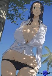 1girls ai_generated big_breasts black_hair black_panties blue_eyes busty female female_only huge_breasts nico_robin one_piece outdoors panties priestofart shiny shirt solo solo_female watermark white_shirt wide_hips
