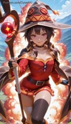 1girls 2026 ai_generated bare_thighs belt brown_hair cape choker day dyzertai explosion female fingerless_gloves gloves hat holding_object kono_subarashii_sekai_ni_shukufuku_wo! konosuba looking_at_viewer megumin outdoors petite petite_body petite_breasts petite_female red_dress red_eyes self_upload small_breasts solo staff thighhighs witch_hat