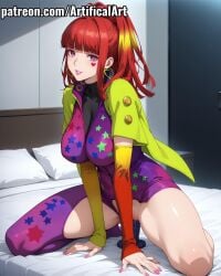 ai_generated arm_support asymmetrical_clothes asymmetrical_sleeves bangs bed bedroom blunt_bangs blush bodysuit breasts clothing clothing_cutout crotch_cutout crotchless detached_sleeves dildo dildo_in_pussy dildo_insertion dildo_riding earrings facial_mark female female_masturbation fingernails gnosia green_jacket green_sleeves heart_cutout heart_earrings heart_facial_mark high_ponytail indoors jewelry kneeling large_breasts light-skinned_female light_skin lipstick long_hair looking_at_viewer makeup masturbation mismatched_sleeves multicolored_clothes multicolored_hair nail_polish object_insertion on_bed parted_lips patreon_username pillow pink_eyes pink_lips pink_nails ponytail purple_eyes pussy pussy_juice red_hair sex_toy smile solo spread_legs sq_(gnosia) star_(symbol) star_facial_mark star_print thick_thighs thighs torn_clothes uncensored vaginal_insertion vaginal_object_insertion vaginal_penetration watermark web_address wet wet_pussy