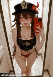 ai_generated alternate_breast_size bangs bare_shoulders bathroom black_headwear black_nails blush breasts brown_hair cellphone cleavage clothing_aside collarbone crop_top female female_masturbation flower flower-shaped_pupils genshin_impact hair_between_eyes hat hat_flower holding holding_phone hu_tao_(genshin_impact) large_breasts long_hair looking_at_viewer medium_breasts mihoyo mirror nail_polish panties panties_aside phone plum_blossoms red_eyes red_panties reflection selfie smartphone solo standing standing_masturbation symbol-shaped_pupils thighs tiles tongue tongue_out twintails underwear