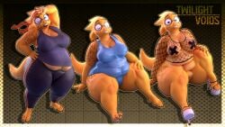 3d_(artwork) absurd_res alphys anthro armwear bandanna_on_forehead belly_peek belly_peeking_out black_bottomwear black_clothing black_pants blender_(artwork) blender_cycles_(artwork) blue_clothing blue_swimwear bodily_fluids bottomwear buckteeth cartoon_eyes closed_eyes clothing digital_media_(artwork) exercise_clothing eyewear feet female fishnet_armwear fishnet_clothing fishnet_topwear footwear freckled_face freckles glasses half-closed_eyes hand_on_forehead hi_res high_heels kerchief looking_at_viewer monster narrowed_eyes obese one_eye_closed orange_kerchief orange_stripes overweight pants pasties pattern_background pattern_bottomwear pattern_clothing pattern_pants raised_tail round_glasses scales scalie shoes shy simple_background sitting slightly_chubby smile solo striped_bottomwear striped_clothing striped_pants stripes sweat sweaty_clothing sweaty_face swimsuit_only swimwear tail teeth teeth_showing thick_thighs tight_bottomwear tight_clothing topwear twilightv0ids two_tone_hands undertale undertale_(series) watermark wearing_glasses wink winking_at_viewer yellow_background yellow_body