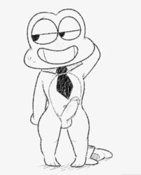 1boy amphibian anthro balls clothing cute detached_collar embarrassed erection frog full_body humanoid_penis male male_only naked_necktie necktie necktie_only nude penis sail_(artist) sailewder simple_background smile solo uncensored white_background