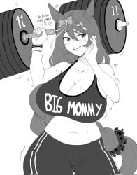 1girls ass belly_button big_ass big_breasts blush breasts busty curvy curvy_figure dialogue embarrassed embarrassed_female female female_only furry_ears furry_female furry_tail hourglass_figure hourglass_figured_female huge_breasts no_sex non-nude pose posing red_eyes seductive seductive_look solo solo_female spanish_dialogue spanish_text sports_bra sports_uniform sportswear super_creek_(umamusume) tagme tank_top text tidal_(artist) translation_check umamusume