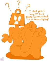 2016 3ds ? animate_inanimate anthro barefoot breasts buddythesketcher english_text featureless_breasts feet female foot_focus humanoid humanoid_feet looking_at_viewer navel nintendo orange_skin orange_theme shopping_bag shopping_bag_(3ds) shrug signature simple_background soles solo text toes toony video_games