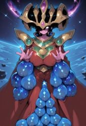 ai_generated arms_outstretched big_hair black_hair blue_background blue_energy blue_nipples breast_dimension cosmo_queen covered_nipples female glowing_eyes gold_crown gold_headpiece jiggies large_breasts long-sleeved_dress looking_at_viewer nebula no_pupils noodle_jacuzzi pink_eyes pink_skin portal_clothes portal_dress red_dress shaded_face smile solo space space_background syrup_town what wide_sleeves yu-gi-oh!