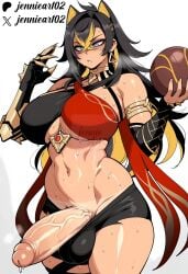 1futa 1futanari ai_generated animal_ears arm_armor armlet artist_name asymmetrical_clothes ball black_hair black_shorts blonde_hair blue_eyes breasts clothing cowboy_shot criss-cross_halter crossed_bangs dark-skinned_futa dark_skin dehya_(genshin_impact) earrings english_text erection foreskin futa_only futanari genshin_impact gloves hair_between_eyes hair_ears half-erect holding holding_ball huge_cock huge_testicles intersex jennieart02 jewelry large_breasts large_penis long_hair multicolored_hair navel neck_ring parted_lips patreon patreon_logo patreon_username penis precum shorts simple_background single_gauntlet solo standing stomach streaked_hair sweat tan tan-skinned_futa tanlines testicles thick_thighs thighs twitter twitter_username veins veiny_penis watermark web_address white_background