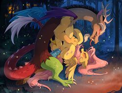 2018 antlers blush claws closed_eyes cutie_mark discord_(mlp) dock draconequus duo equine facial_hair fangs feathered_wings feathers female feral fluttershy_(mlp) forked_tongue friendship_is_magic fur goatee hair hi_res hioshiru hooves horn inner_ear_fluff long_hair male male_penetrating mammal my_little_pony open_mouth outside pegasus penetration penis pink_hair pussy sex straight toe_claws tongue tongue_out tree vaginal_penetration wings