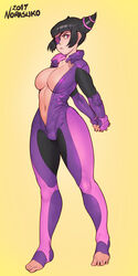 :< alone alternate_breast_size arms_behind_back asian barefoot biker_clothes black_hair bodysuit breasts capcom cleavage clothing curvy eyepatch feet female female_only full_body highres interlocked_fingers jumpsuit juri_han large_breasts missing_eye navel no_bra norasuko one-eyed purple_eyes short_hair simple_background solo stomach street_fighter street_fighter_v stretching thick_thighs thighs toeless_legwear toes unzipped