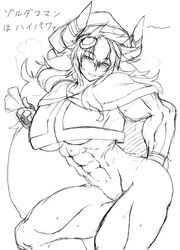 abs breasts christmas christmas_costume cow_girl female fingerless_gloves gloves horns kuzunoha looking_at_viewer monochrome muscle muscles muscular_female rough_sketch solo thighs underboob