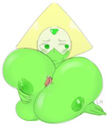 1girls blush breast_press breast_squeeze breasts_grab female gem_(species) green_eyes green_hair green_nipples green_skin huge_breasts lilithn nipples paizuri penis peridot_(steven_universe) steven_universe sweatdrop